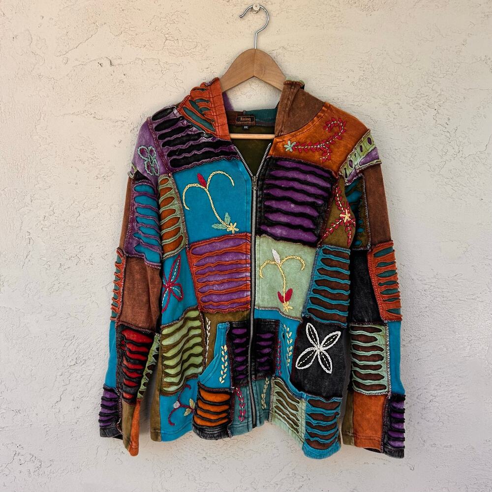 Rising International Patchwork Embroidered Boho Hoodie Jacket XXL